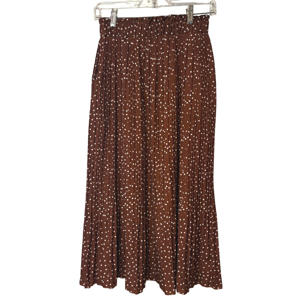 Micro Pleated Midi Skirt Womens S Brown Polka Dot Elastic Waist Europeanβ Summer
